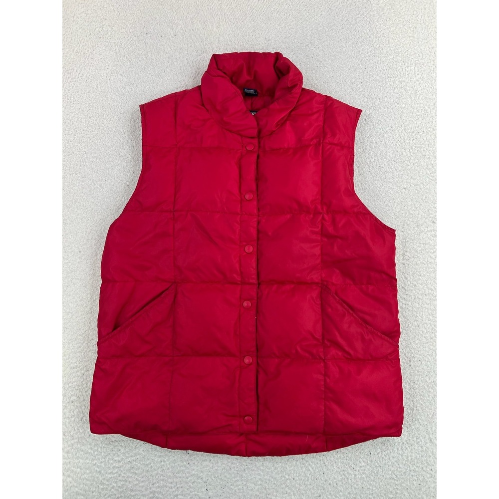 Lands End Goose Down Vest Women's Medium Red Quilted Snap Puffer Warm Winter
